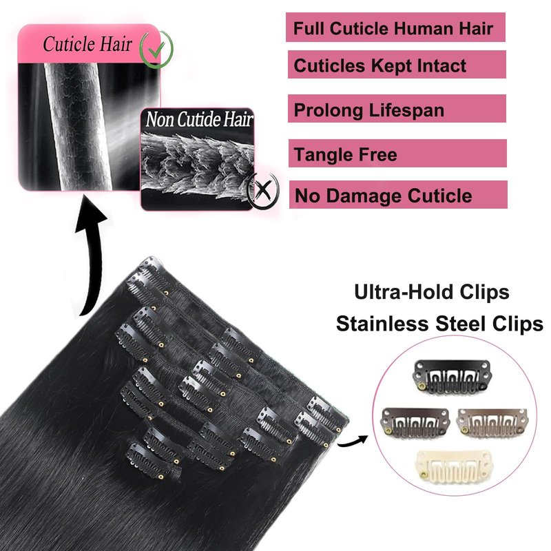 Jet Black Clip in Hair Extensions Real Human Hair 14inch Human Hair Clip in Extensions Black Human Hair Extensions Clip ins 100% Brazilian Remy Human Hair for Women Straight 8pcs Double Weft