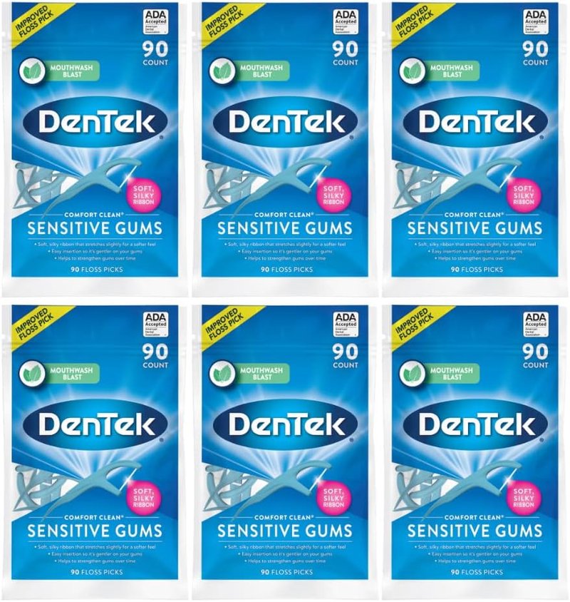DenTek Comfort Clean Floss Picks - Soft Ribbon for Sensitive Teeth | 90 Count (Pack of 6)