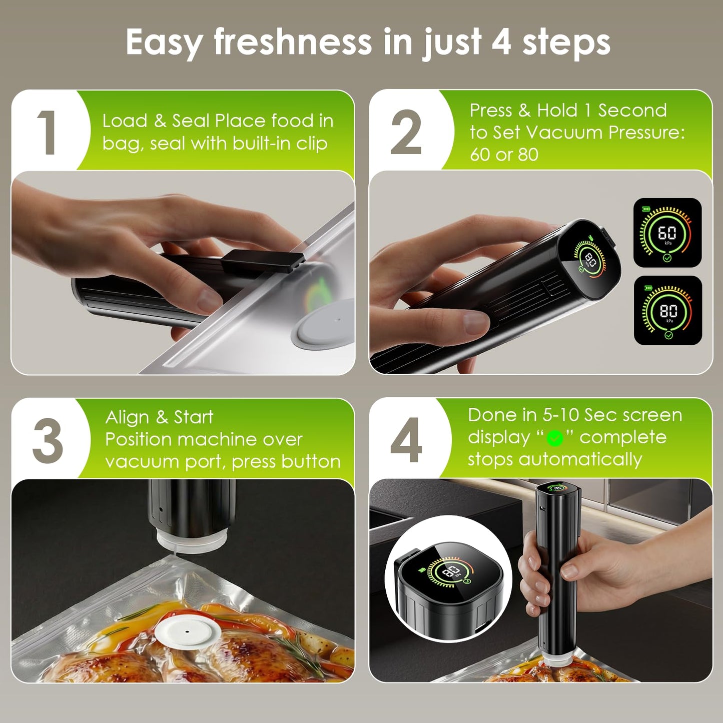 Elxis Vacuum Sealer, Portable handheld Vacuum Sealer + 30 Reusable Vacuum Bags, Portable Food Sealer, With LED pressure display, 2-Speed Pressure Control (60/80 Kpa)