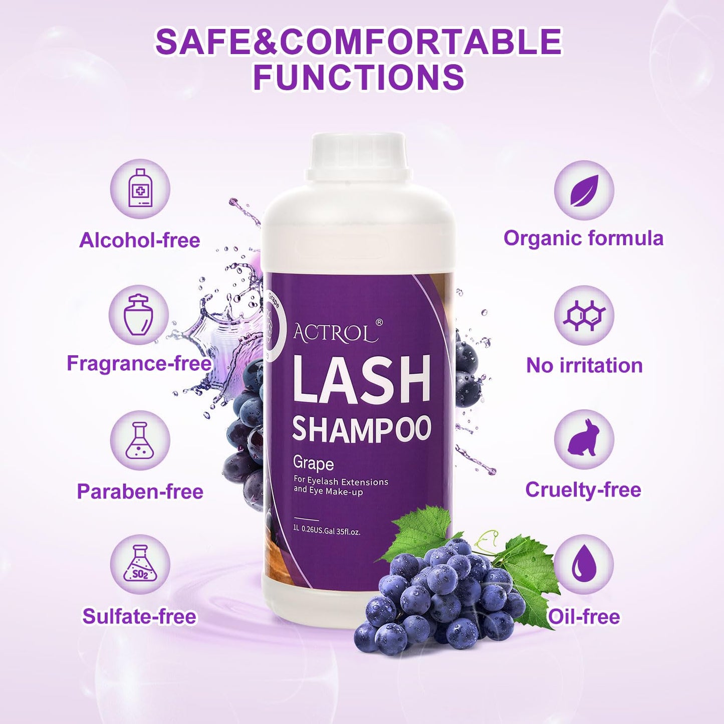 ACTROL Eyelash Extension Cleanser Grape 1L Natural Lash Extension Shampoo Professional Eyelid Foaming Cleanser Paraben & Sulfate Free Non-lrritating with Salon and Home Care