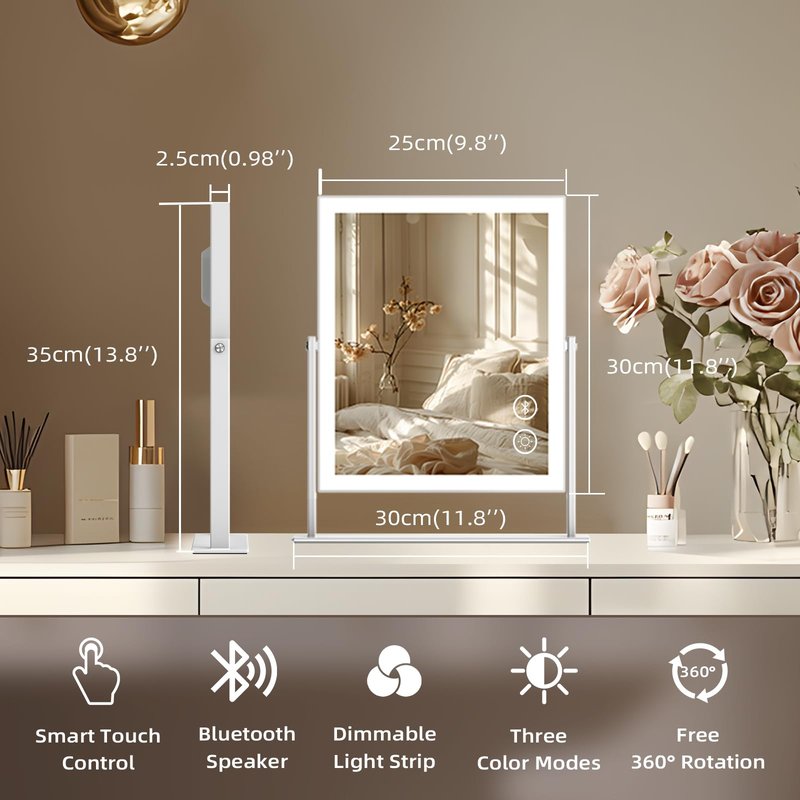 Fenair Vanity Mirror with Lights and Bluetooth Speaker, 9.8" x 14.2" LED Makeup Mirror with Dimmable 3 Color Lighting Modes Smart Touch Control, 360° Rotation and 10X Magnification,White