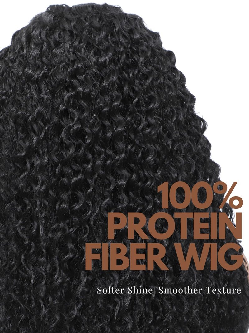 YKHJH 26 Inch Curly Wigs for Black Women,Synthetic Lace Front Wig Black Curly Wigs, Womens Wigs Protein Fiber Like Human Hair, Glueless Curly Hair Wig(Black)