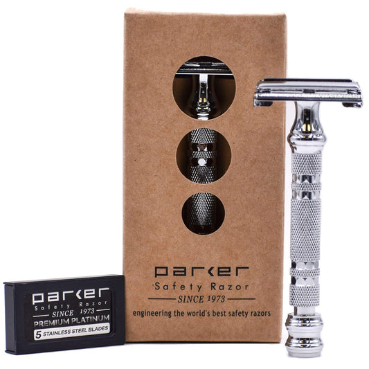 Parker 66R Long Handle Butterfly Safety Razor – Twist-to-Open Brass Frame with Textured Chrome Finish for Close, Comfortable Shaves - 5 Blades Included