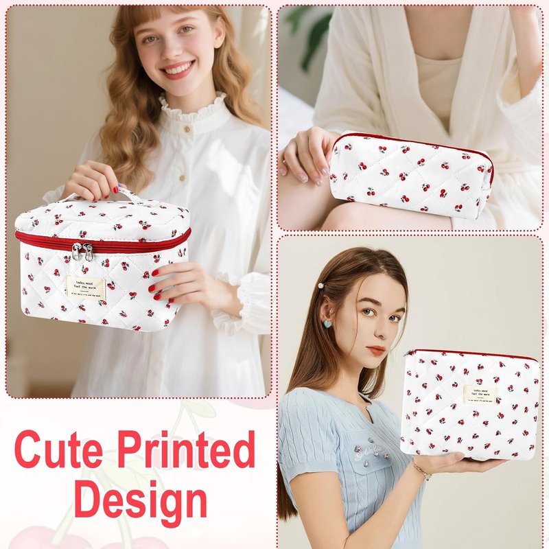 Cotton Quilted Makeup Bag Set - Extra Large Floral Travel Cosmetic Pouches | Vintage Cherry Toiletry Organizer