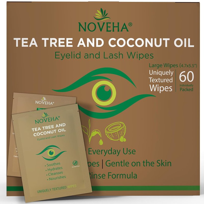 NOVEHA Tea Tree & Coconut Oil Eyelid & Lash Wipes - 60 Individually Wrapped Cleansing Wipes for Itchy Eyes | Natural Makeup Remover with Aloe Vera