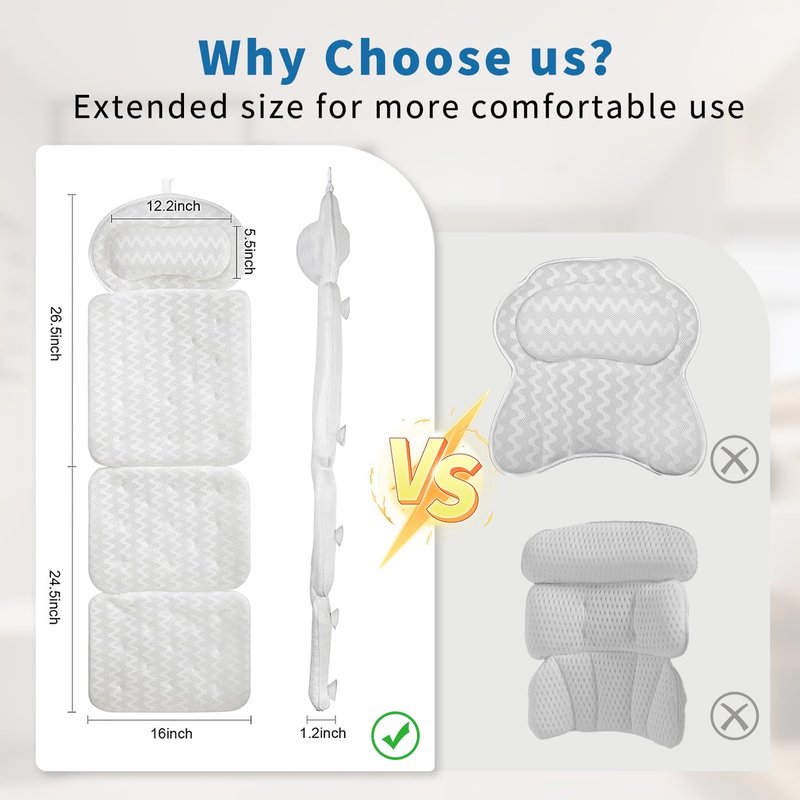 MYОGMK Bath Pillows for Tub Full Body, Thick Bathtub Cushion for Headrest Neck and Back Support with Laundry Bag White