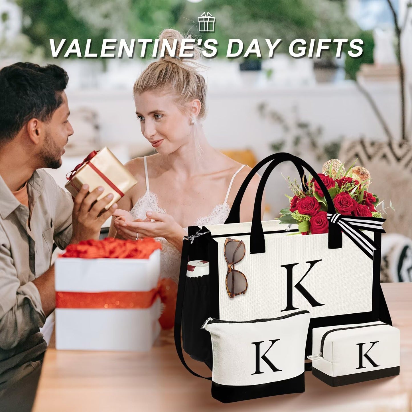 YOOLIFE Teacher Gifts for Women, Teacher Tote Bag, Initial Canvas Tote Bag & Makeup Bag, Letter T