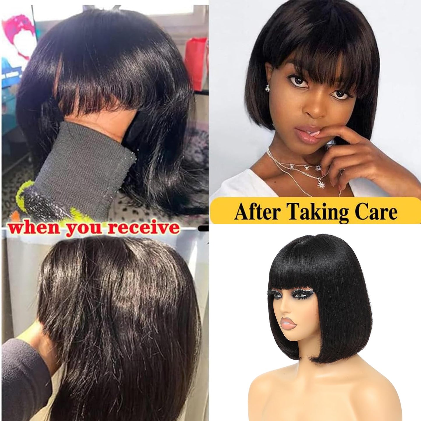 Lusina Bob Wig Human Hair With Bangs Glueless 2x4 HD Lace Colsure Wigs, Ready to Go Short Wigs For Women Beginner Friendly (Black, 10 Inch)