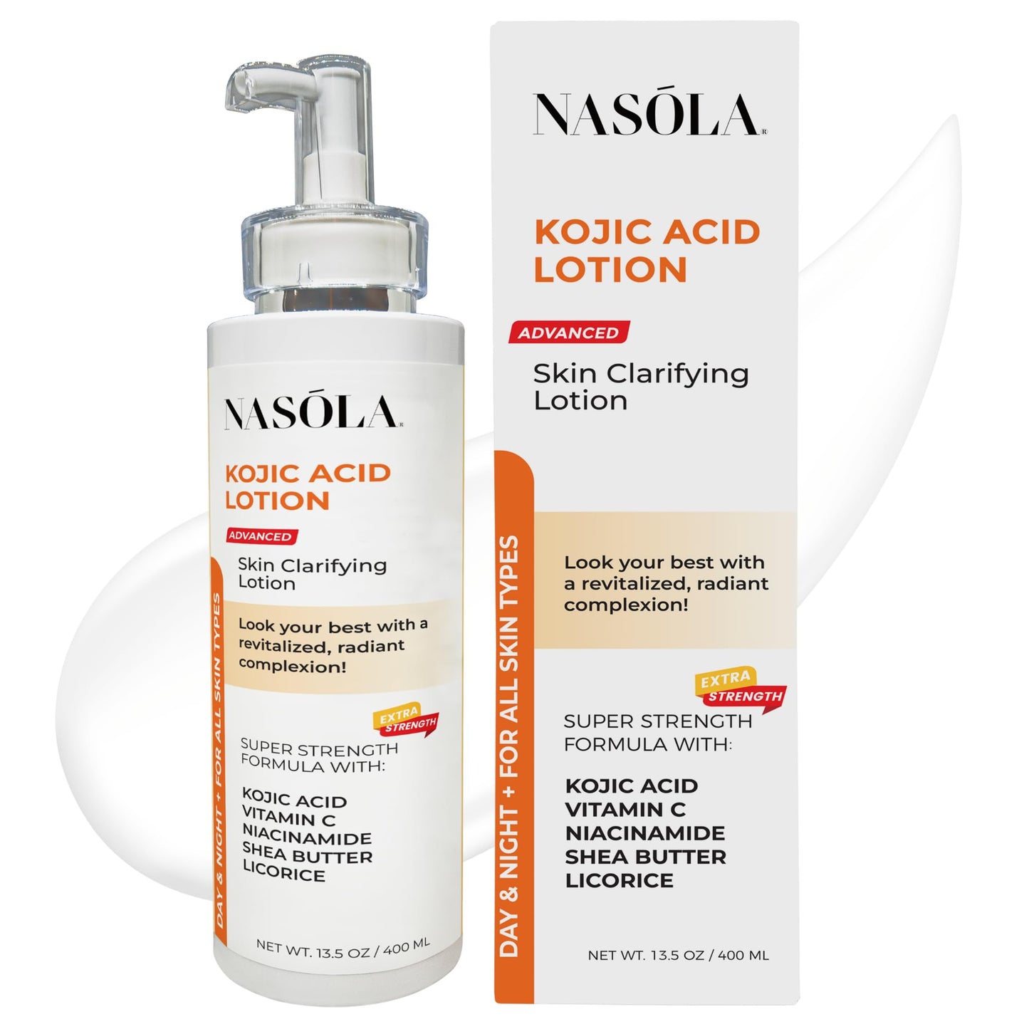 Nasola Kojic Acid Lotion Natural Skin Clarifying for Face & Body with Vitamin C, Niacinamide, Shea Butter, Licorice & Green Tea for Complexion Revitalization, Body Lotion Women & Men