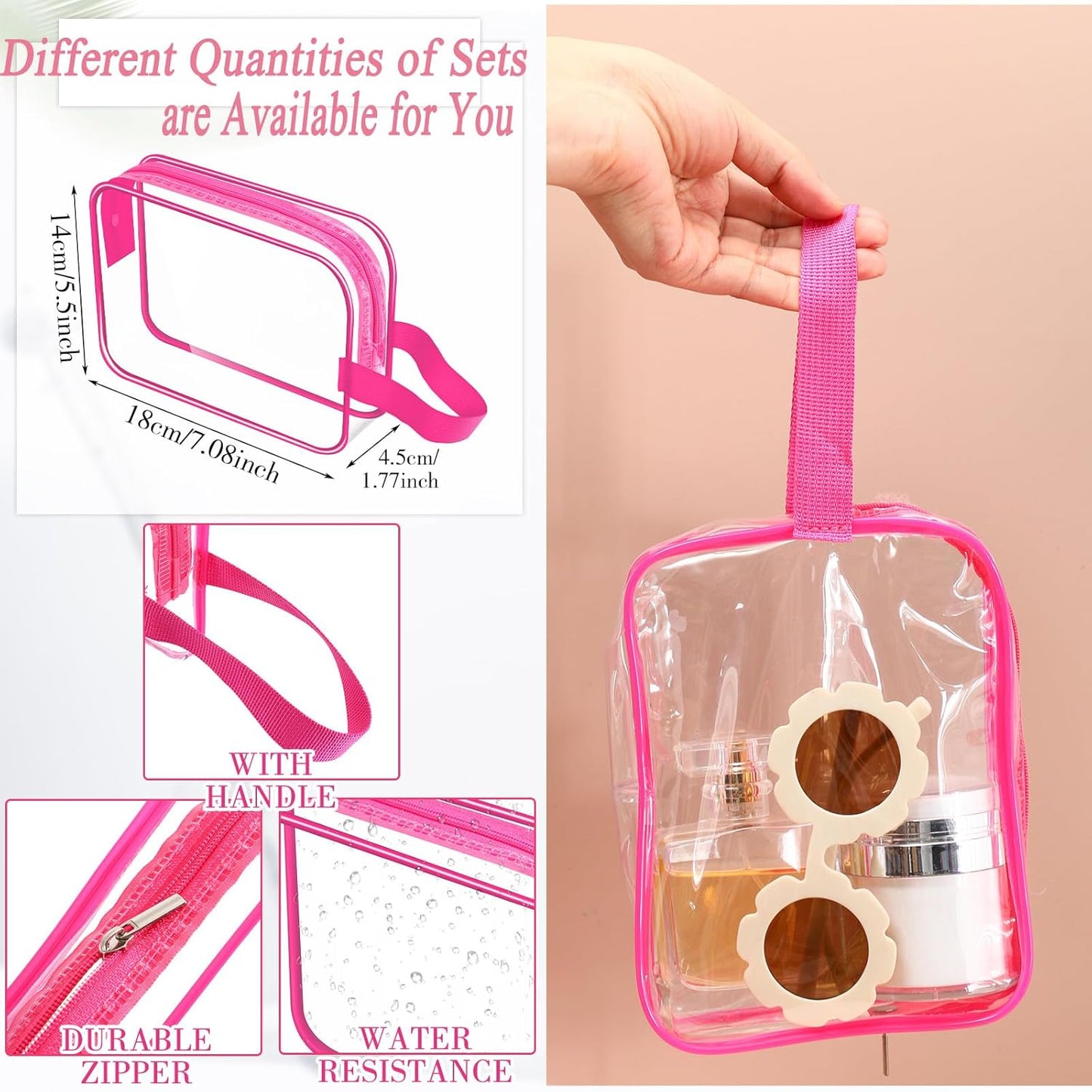 Clear Toiletry Bag - PVC Travel Cosmetic Pouch with Handle Strap | Rose Pink, 24 Pack for Summer Vacation & Gifts