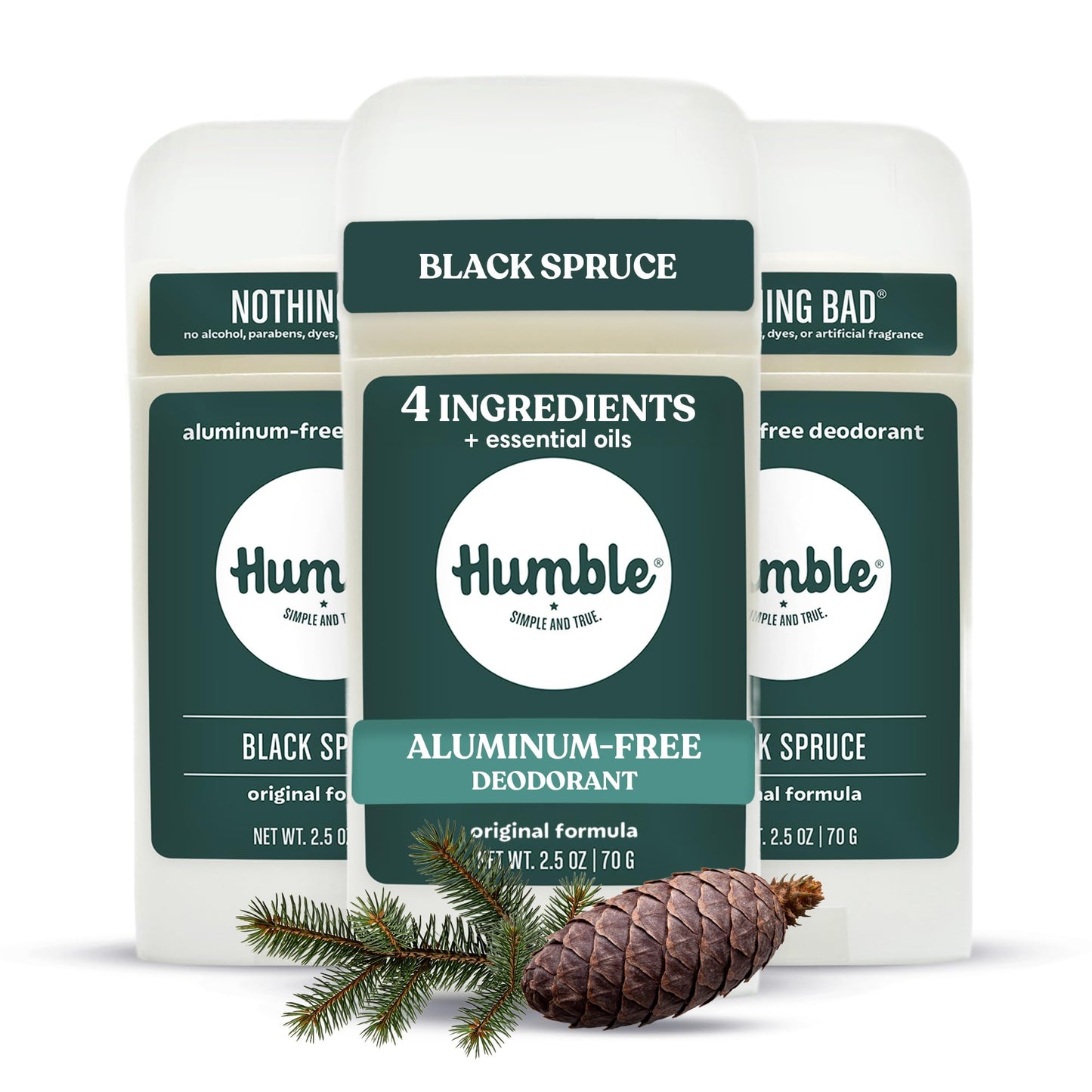 Humble Aluminum-Free Deodorant for Women & Men, Black Spruce - Clean & Fresh Natural Deodorant Stick with Essential Oils for Long-Lasting Odor Control - 3 Pack