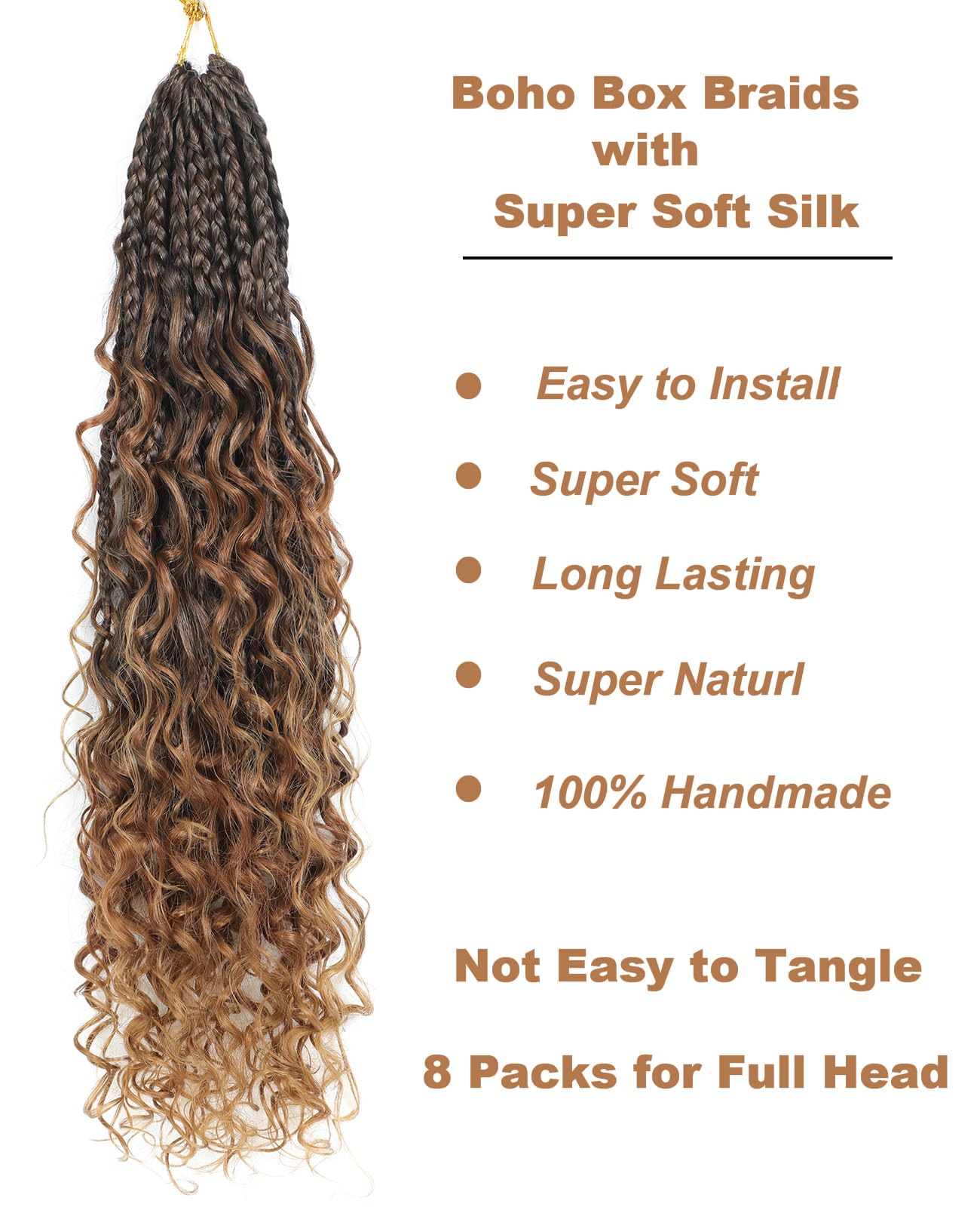 Pintress Boho Crochet Briads - Ombre Blonde Brown 24 Inch 8 Packs Pre-looped Goddess Box Braids with Curly Ends for Women (24inch, 1B/30/27#)