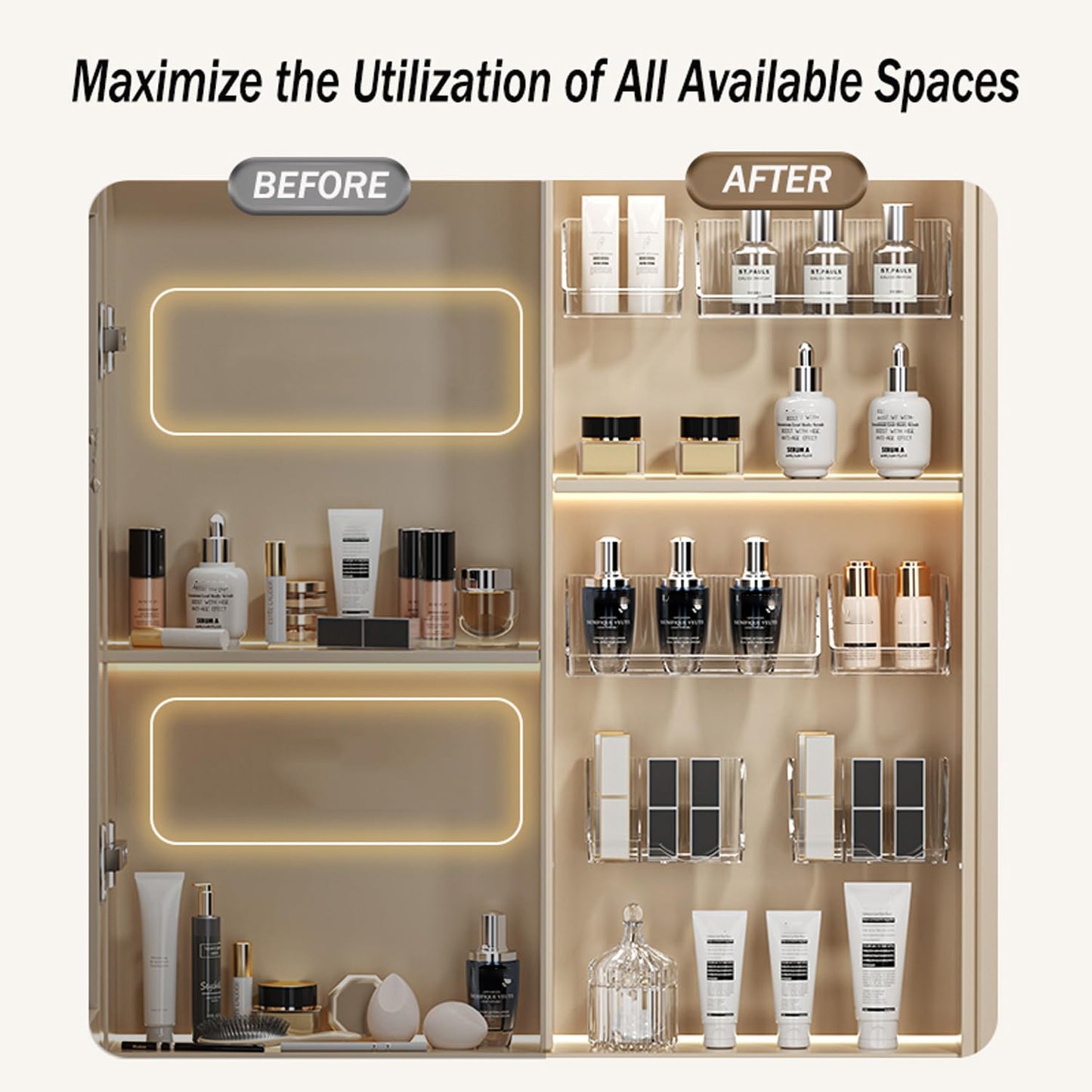 MORNITE 6 Pcs Medicine Cabinet Tray Organizer, Bathroom Vanity Toilet Cabinet Inside Shelves Storage Holder for Skincare Perfume Lipsticks Jewelry Brushes, Plastic Clear