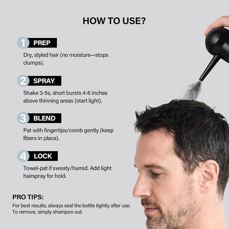 Hair Building Fibers - Thicker Fuller Hair & Beard Enhancer | 2-in-1 Kit with Spray Applicator (Black)