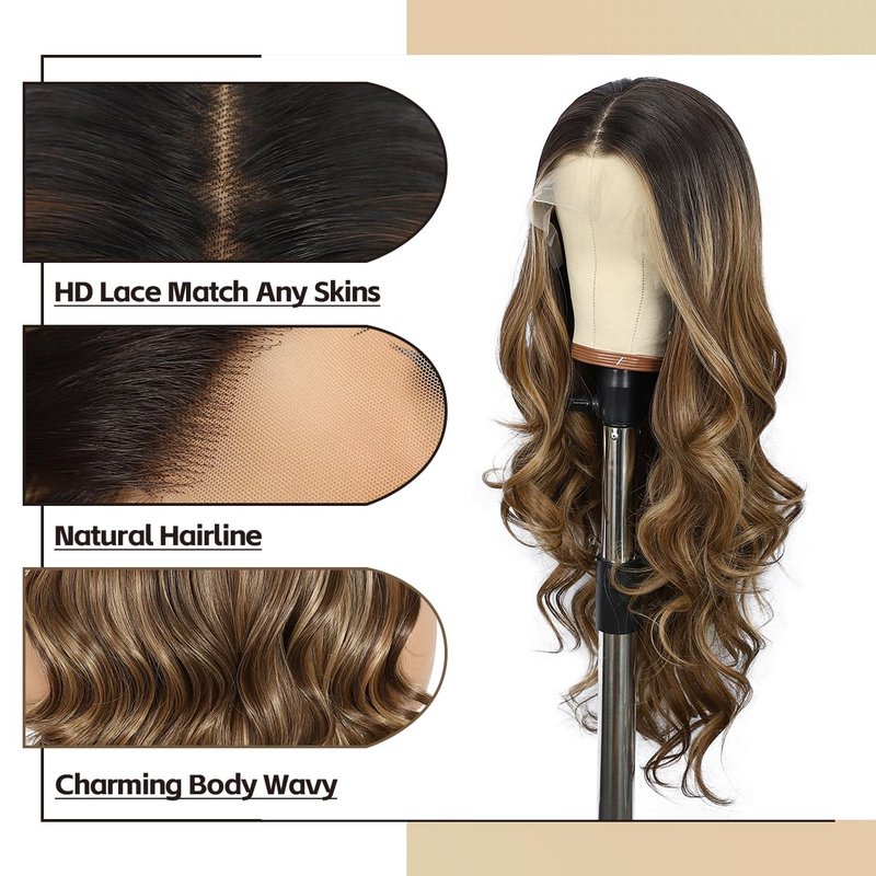 Brown Lace Front Wig - 13x4 Body Wave Synthetic Hair, Honey Brown Highlights | 26 Inch, Pre-Plucked, Heat Resistant