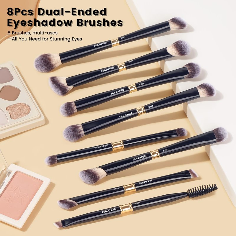 MAANGE Makeup Brushes 16Pcs Professional Foundation Powder Blush Contour Eyeshadows Double-End Makeup Brushes Set with Bag and Gift Box-Black