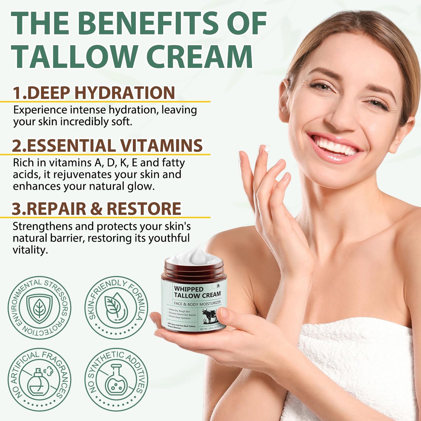 Cacukn Whipped Beef Tallow for Skin, Organic Face Moisturizer with Grass Fed Beef Tallow & Raw Honey, Deeply Moisturizes Face & Body, Reduces Skin Irritation and Sensitivity, 2 Pcs