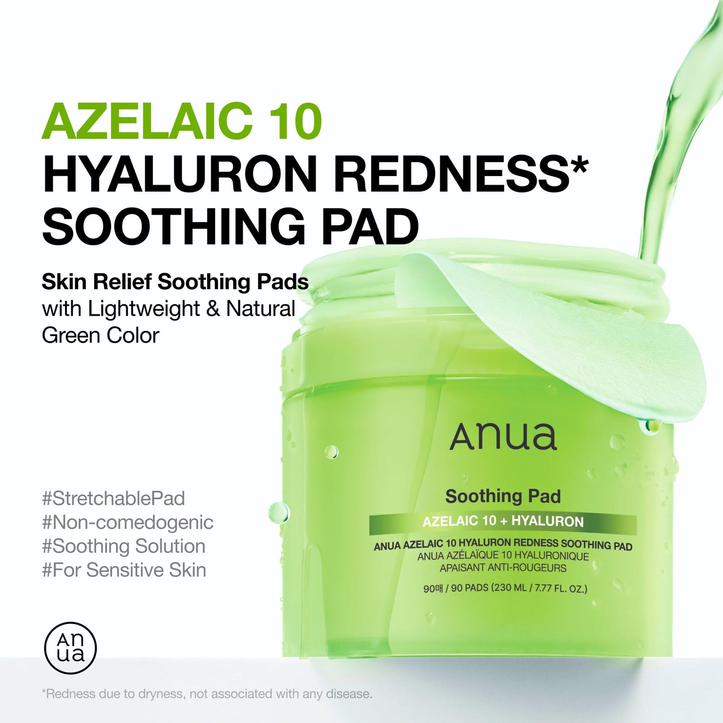 ANUA Azelaic Acid 10 Hyaluronic Acid Soothing Toner Pads, Hydrating Facial Mask for Redness, Pore & Blemish Care, Quick & Easy Stretchable Formula, Korean Skincare, 90 Pads