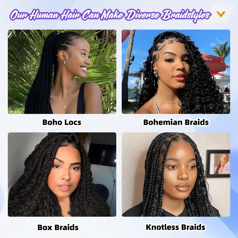 Deep Wave Human Braiding Hair for Boho Braids – 10 Inch 120g 3 Bundles/Pack Natural Black, 100% Unprocessed 12A Brazilian Virgin Hair Bulk, No Weft, Wet & Wavy Curly Knotless Extensions