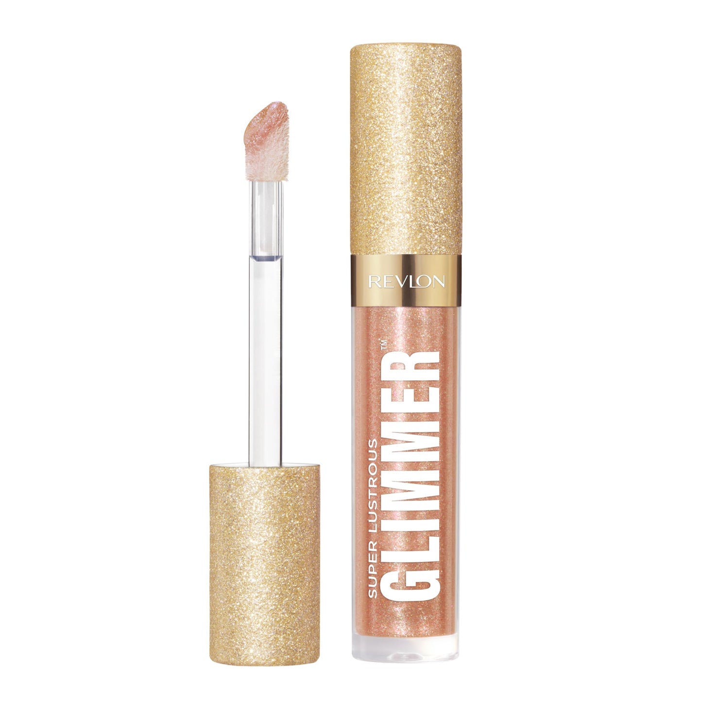 REVLON Super Lustrous Glimmer Gloss, Non-Sticky Hydrating Lip Gloss, High-Shine Sheer Shimmery Finish, Plant-Based Glitter, 004 Happy Hour, 0.13 fl oz