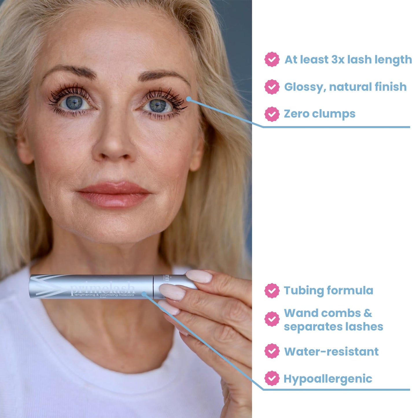 Prime Prometics PrimeLash Mascara for Older Women – Volumizing, Incredible Length in 2 Coats – Long-Stay, Zero Clumps, Hypoallergenic (Blue)