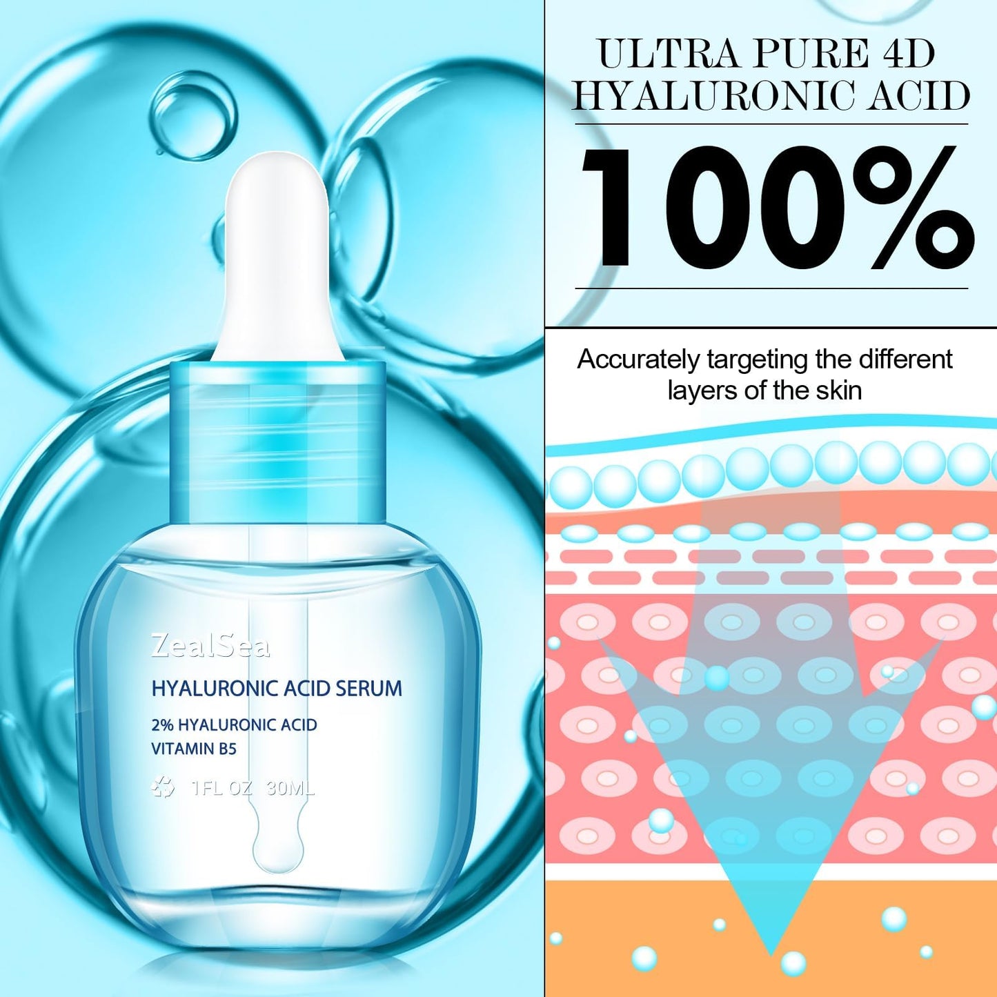 ZealSea Hyaluronic Acid Serum for Face, Hydrating Microneedling Serum, EWG Certified for Sensitive Skin, Vegan Fragrance Free Non-Comedogenic Absorb Quickly, Pure Hyaluronic Acid Anti-Aging 1 Oz*2