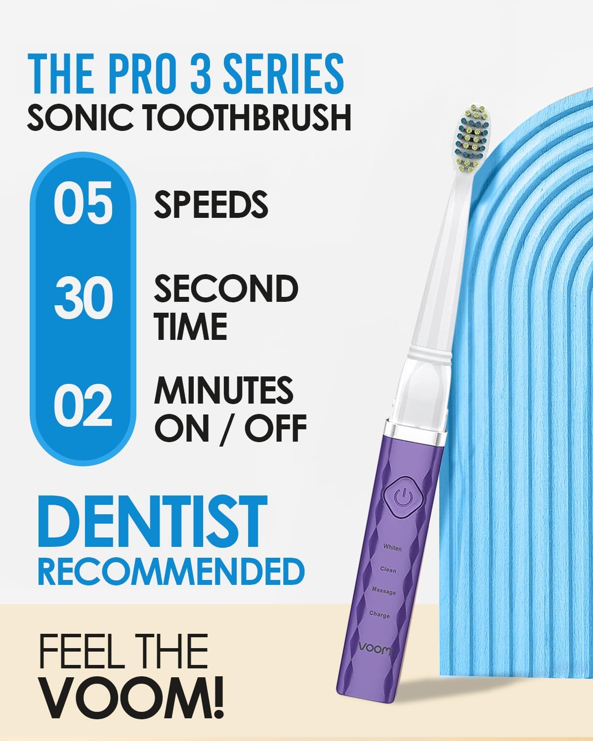 Voom Sonic Electric Toothbrush – Bathroom Essentials & Travel Essentials – Ultrasonic Electric Toothbrush for Adults – USB Rechargeable 40,000 Strokes/Minute – 3 Speeds – Pro 3 Series (Purple)