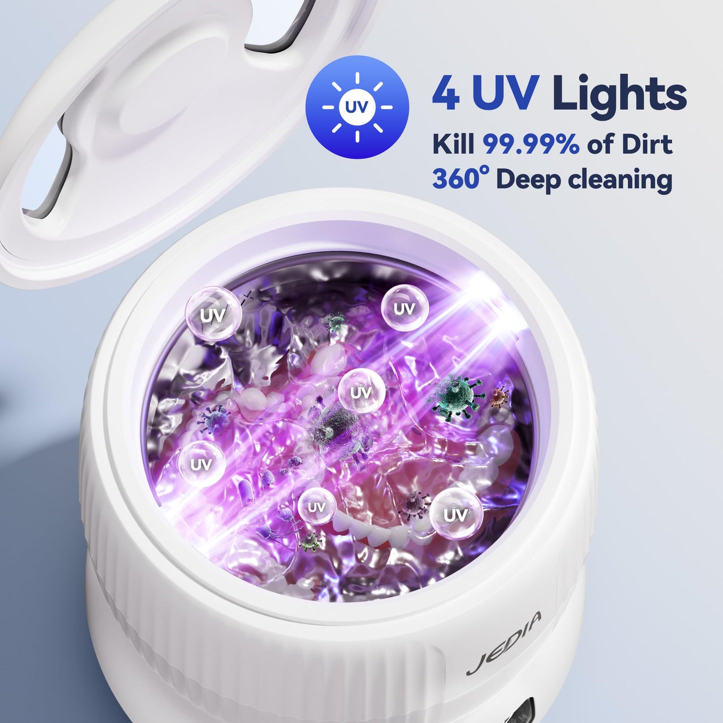 JEDIA Ultrasonic Retainer Cleaner – Detachable Denture Cleaner Machine with 4 Modes, 45kHz & Double Openable Windows Retainers Pod for Mouth Guard, Jewelry & Braces, 180ML Capacity – White