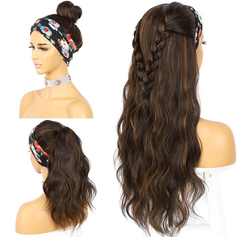 SAPPHIREWIGS Glueless Headband Wig Loose Body Wavy Synthetic Hair Wigs for Black Women Wave None Lace Front Wigs Mix Brown Color Machine Made Wigs 150% Density 26inch