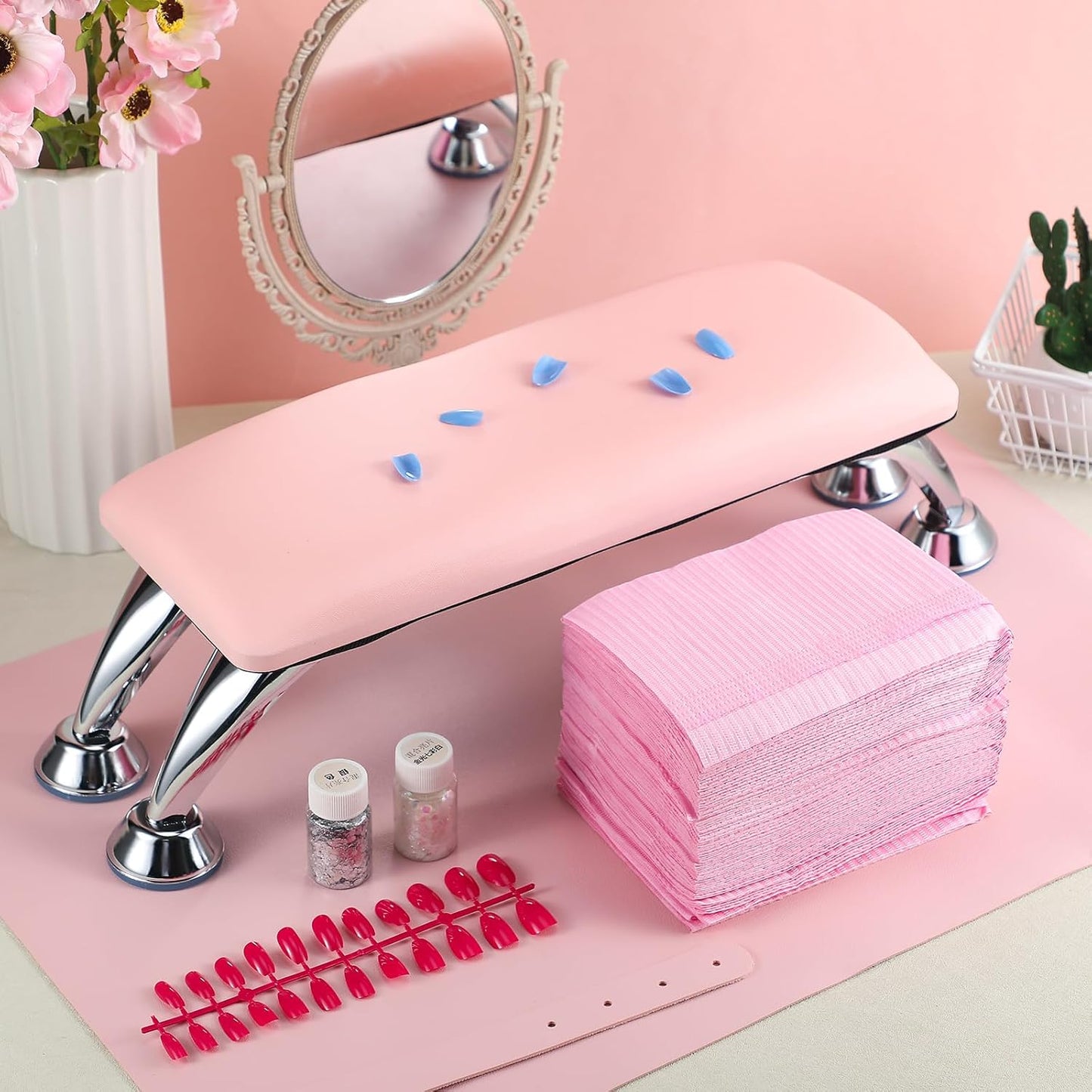 Nail Accessories Tool Set - Detachable Hand Rest Pillow & 50 Disposable Practice Sheets | Pink