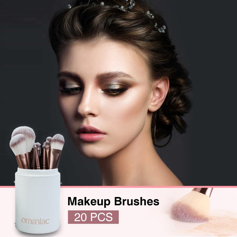 OMANIAC Makeup Brush Set Professional, 20Pcs Pearlescent Wood Handle Makeup Brushes, Premium Cruelty-Free Synthetic Fiber Hair, Travel Make up Brushes Set with Case (Bright Silver)