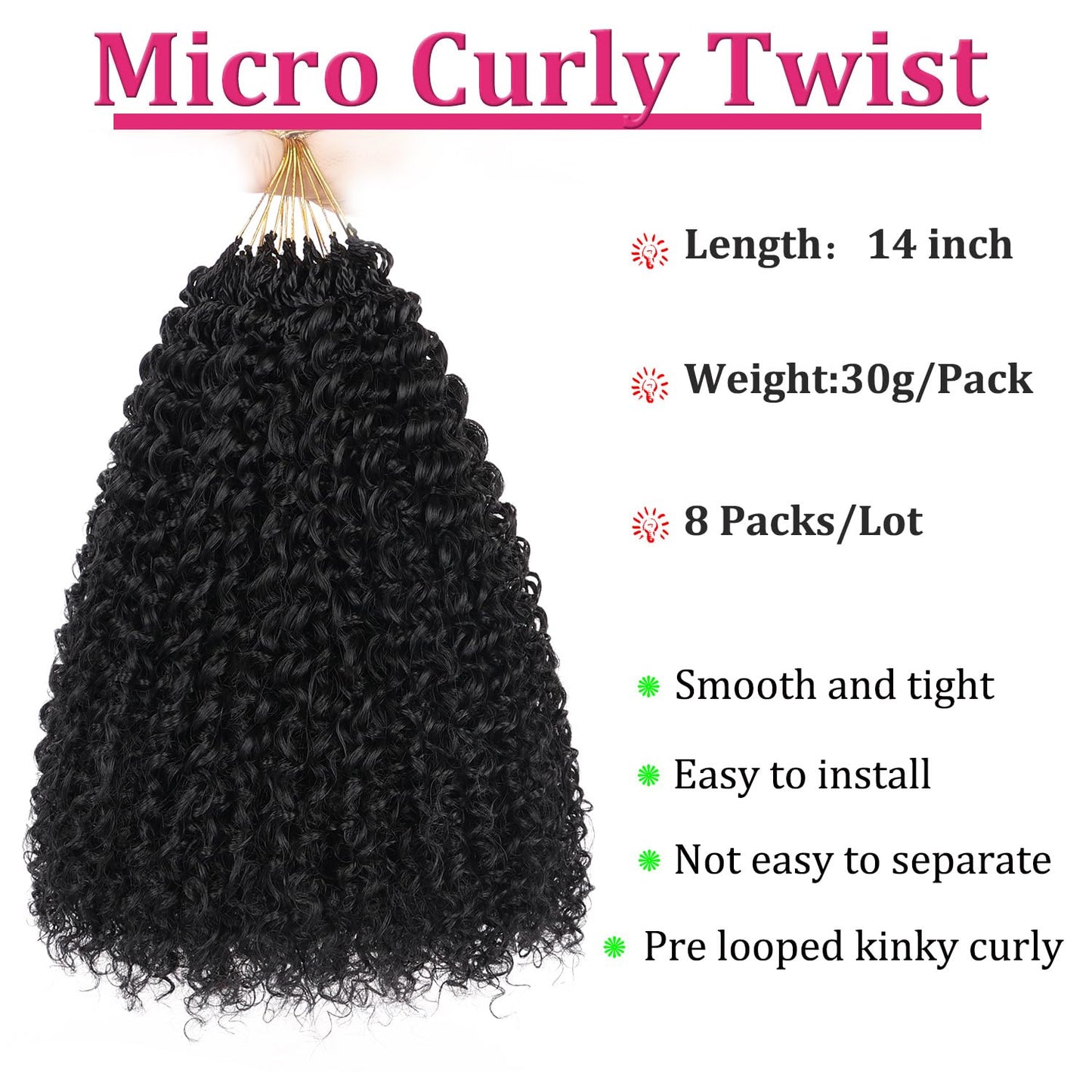 Leeven Pre Looped Micro Kinky Curly crochet Hair 14 Inch 8 Packs Black Micro Curly Braiding Hair For Mini Passion Twist (1B#)