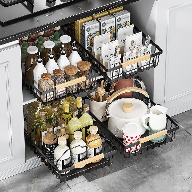 GarveeHome Pull Out Cabinet Organizer Expandable Slide Out Drawer Organizers, No Drill Pull Out Drawers Adhesive Compatible Framed Cabinets Shelves for Kitchen Pantry