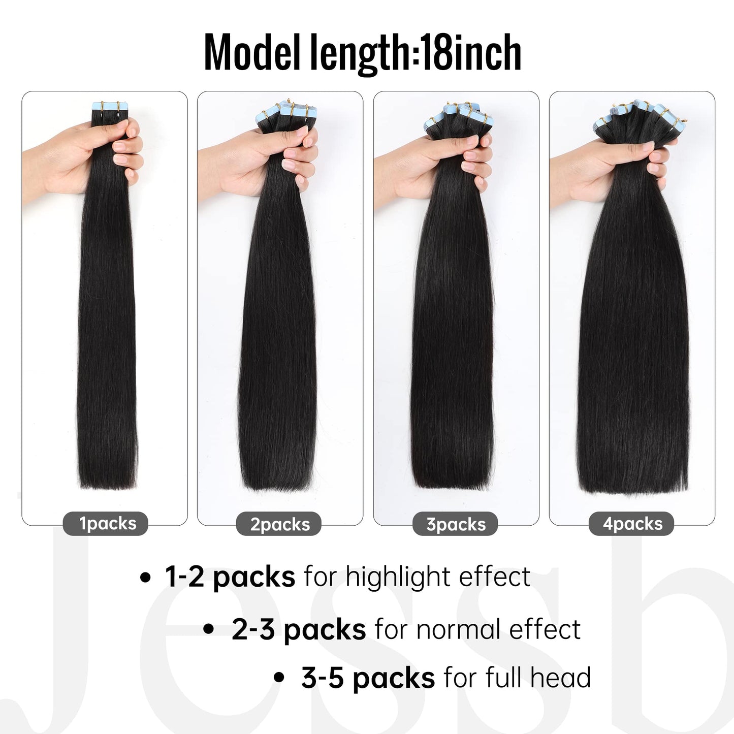 JESSBO Tape in Hair Extensions Human Hair Straight Natural Black 100% Remy Human Hair 20 inch 20pcs 50g/pack Seamless Skin Weft Tape in Extensions for Women (20 Inch #1B Natural Black)