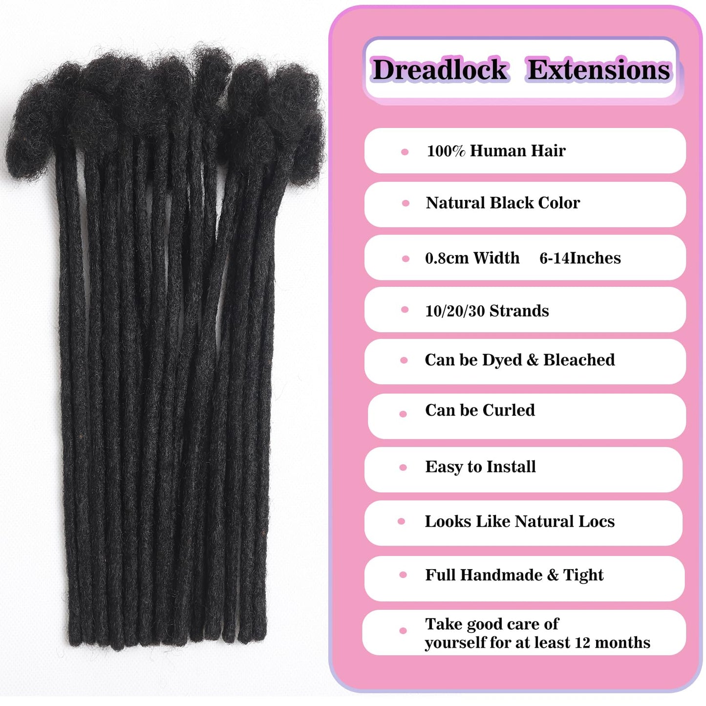 Fully Handmade Permanent Loc Extensions Human Hair 0.8 cm Width Dreadlock Extensions 10 Inch 20 Strands 100% Real Human Hair Locs For Men/Women/Kids