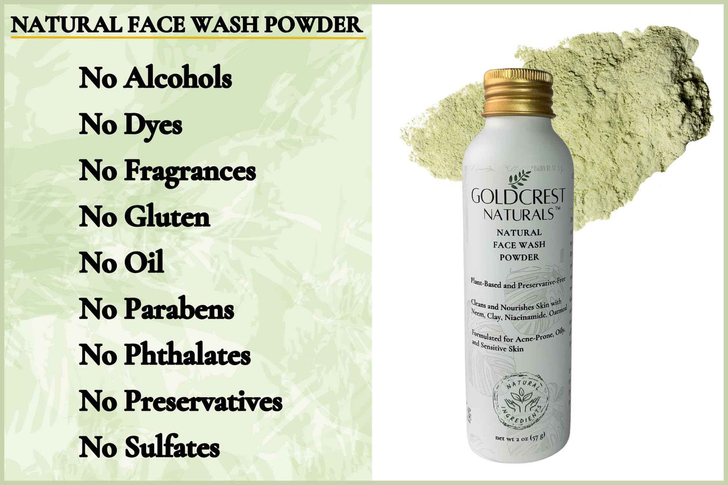 Goldcrest Naturals Natural Face Wash Powder–Waterless Cleanser for Acne-Prone, Oily, Sensitive Skin–Cruelty-Free, Plant-Based, Preservative-Free–Gently Exfoliates with Organic Neem & Niacinamide, 2oz