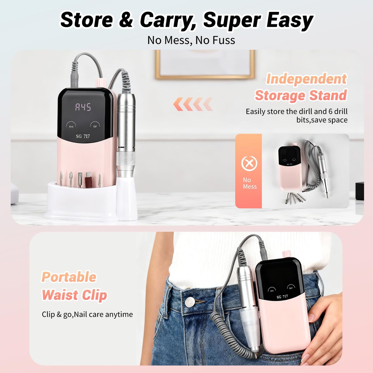 JEWHITENY Rechargeable Cordless Nail Drill for Beginners,Professional Nail Drill 45000RPM,SG717 Electric Nail File for Acrylic Gel Nails,Remove Nail Gel Polish(Pink)