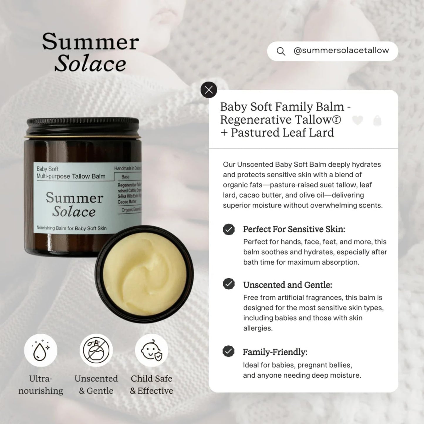 Summer Solace Tallow Family Balm Unscented with Light Cacao Butter | Moisturizing Leaf Lard, Pasture Raised Cattle Suet, Organic Pastured Nourishing Face & Body Balm for Parents 50ml