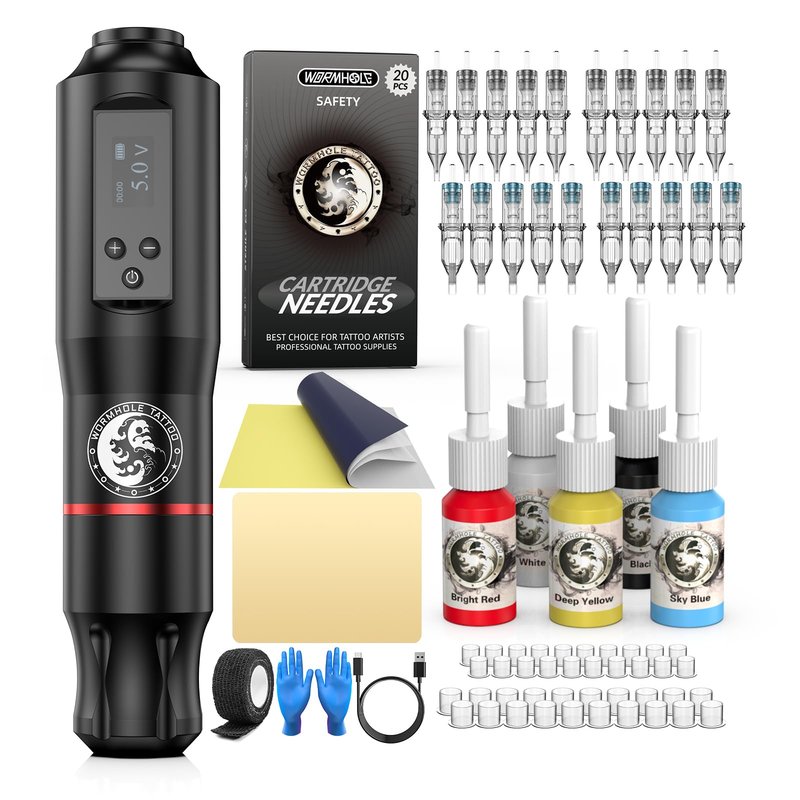 Tattoo Gun Kit, Wormhole Tattoo Kit Wireless Tattoo Machine with 1,600 mAh Capacity Wireless Power Supply Digital LED Display Tattoo Pen Kit WTK279