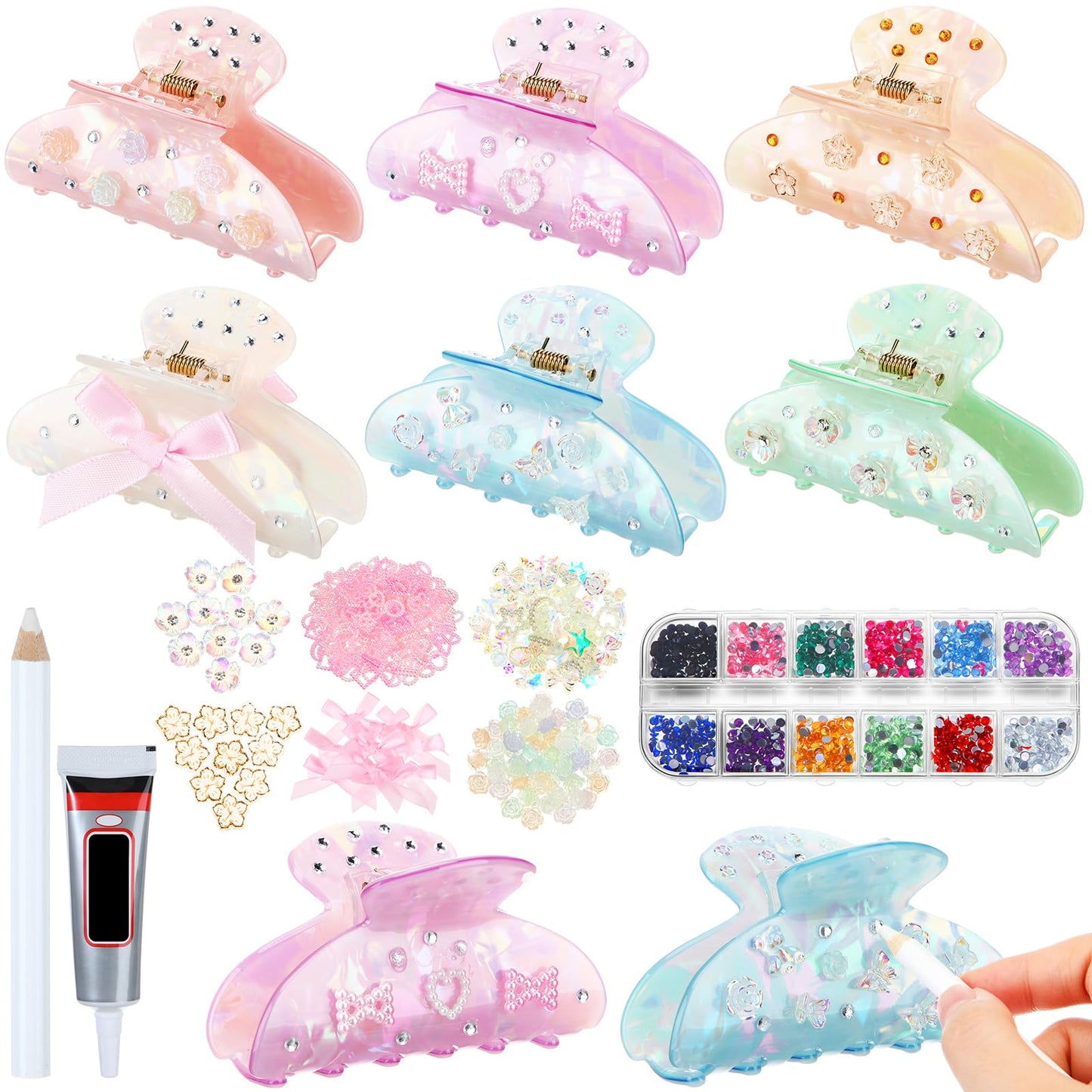 Suncalla 6 Set DIY Hair Claw Clips Kit Acrylic Claw Clip with Resin Rhinestones Pearls Hair Clips with Strong Hold Non-slip Banana Barrettes for Women Party Crafting Night DIY(Classic)