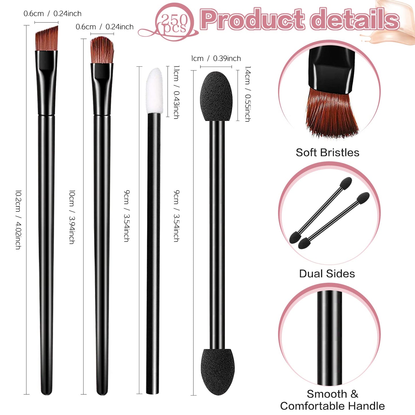 250 Piece Disposable Eyebrow Brush Set - 100 Angled/Round Eyebrow Brushes, 50 Double-End Eyeshadow Brushes, 100 Lip Brushes for Women & Girls Salon Beauty Cosmetic Makeup Tool