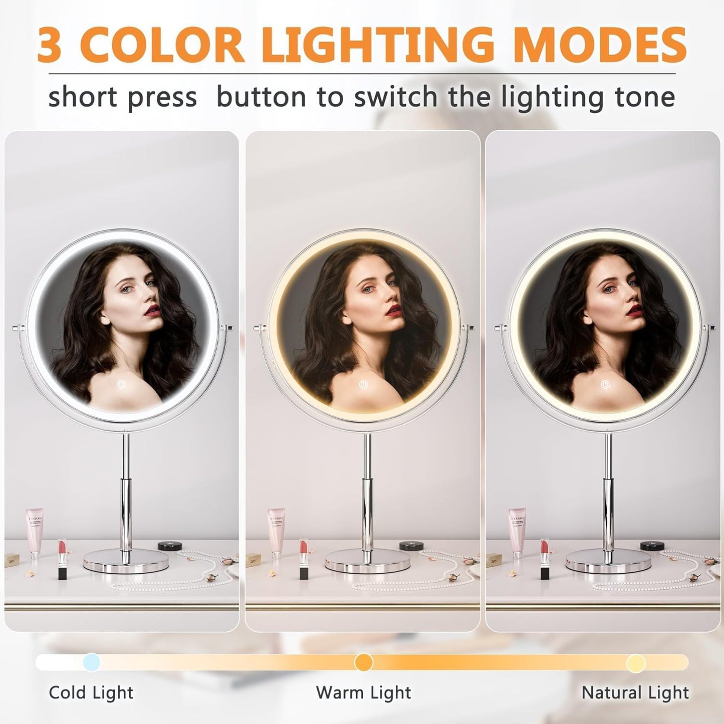 Lighted Makeup Mirror - 10-Inch Rechargeable Vanity Mirror with Magnification & Dimmable Brightness | 3 Lighting Modes, Adjustable Height, Black