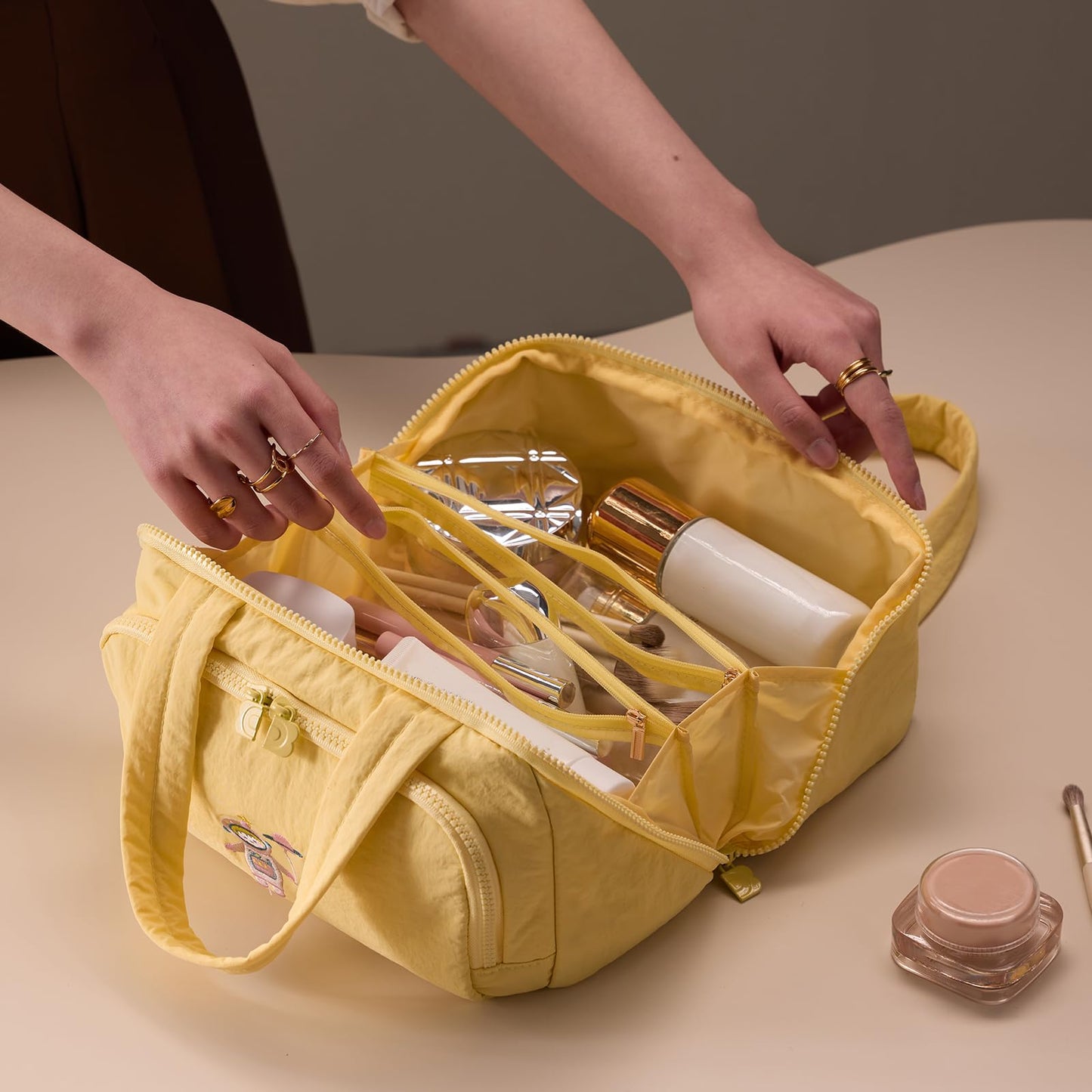Dr.Cheese Makeup bag, Large Capacity Cosmetic Bag for Women, Portable Wide-open Toiletry Bag, Travel Makeup Bag with TPU Compartments for Accessories, Essentials, Toiletries, Makeup Brush Bag, Yellow