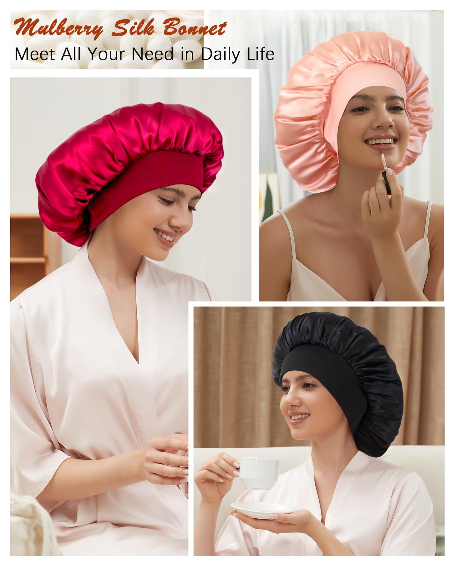 100% Mulberry Silk Bonnet for Sleeping Women, Real Pure Silk Hair Bonnets for Women Sleeping, Double Layer Sleep Cap with Soft Elastic Band for Curly Hair