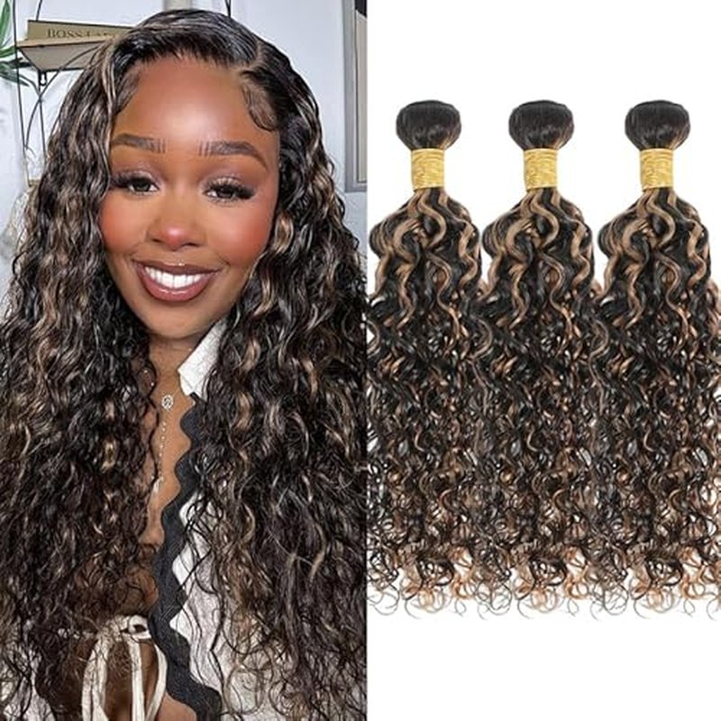 Brown Highlight Bundles Human Hair 26 28 30Inch Water Wave Bundles Human Hair Weave for Black Women Brazilian Virgin Hair 3 Bundles£¨Black and Light Brown£¬#P1B/30£©
