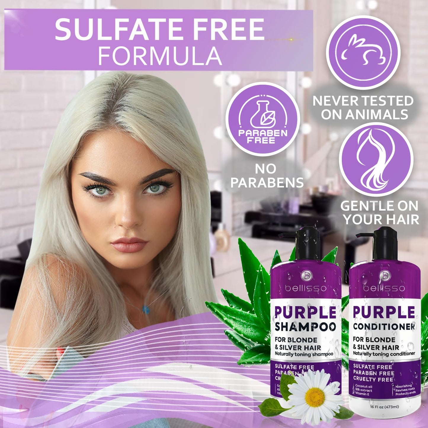 Purple Shampoo and Conditioner Set | Sulfate-Free Toner for Platinum Blonde, Silver & Grey Hair - 2 x 16 fl oz
