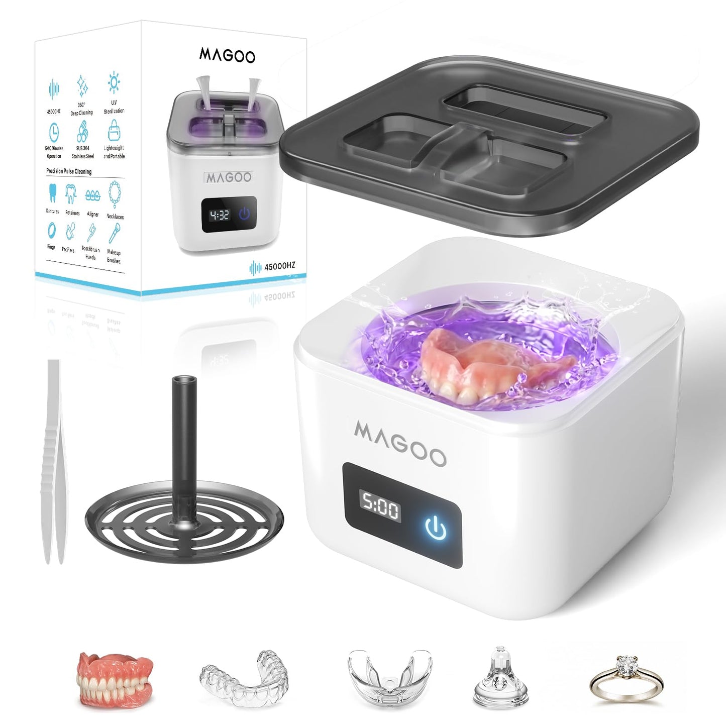 Ultrasonic Retainer Cleaner Machine, Denture Cleaner for Aligners Night Guards Braces Mouth Guards Toothbrush Heads，All-in-One Dental & Jewelry Cleaner, 45kHz 200ML, Dual Modes