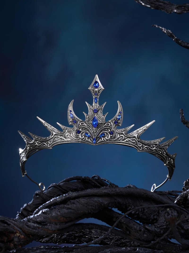 SWEETV Gothic Crowns for Women Tiara Queen Crown Witch Hair Accessories for Costume Halloween Prom Party (Silver+Blue)