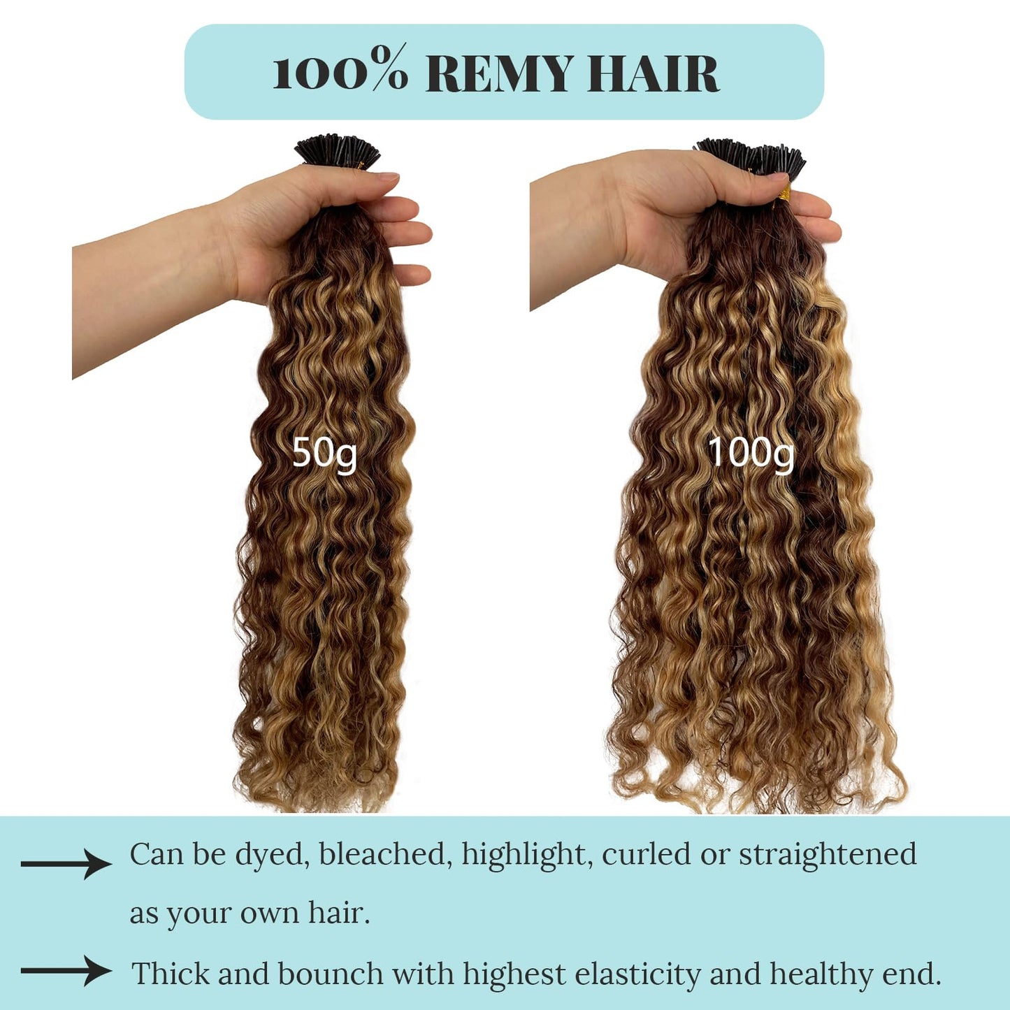 I Tip Human Hair Extensions 14inch 100 Strand 50G, Water Wave I Tips Hair Extensions Real Human Hair for Women Ombre Blonde Extensions I Tips Camel Brown Microlinks Cold Fusion I Tip Human Hair
