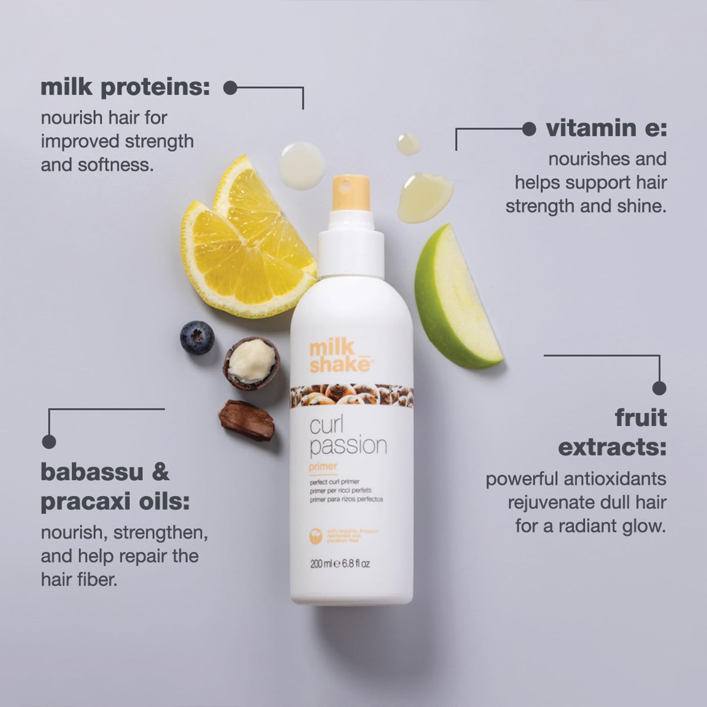 milk_shake Curl Passion Primer | Pre-Styling Curl Primer for All Curl Types | Adds Moisture & Enhances Definition | With Babassu Oil, Praxcai Oil & Milk Proteins, 6.8 fl oz / 200 mL
